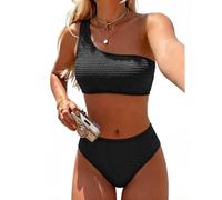 Pfreesea Set Bikini da Donna a Vita Alta, Costume da Bagno 2 Pezzi, a Costine, Monospalla, Controllo della Pancia, Nero, L