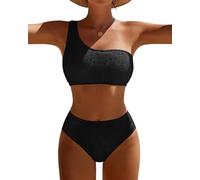 Pfreesea Set Bikini da Donna a Vita Alta, Costume da Bagno 2 Pezzi, a Costine, Monospalla, Controllo della Pancia, Nero, L