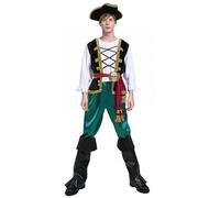 PGOND Costume da pirata deluxe per adulti con cappello, gilet con finiture dorate, pantaloni verdi e stivali, taglia adulto costume di Halloween, Arancione e nero, taglia unica
