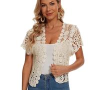 PGPBVLVGHM Cardigan con Scollo a V in Pizzo a Maniche Corte da Donna, all'Uncinetto, Giacca Corta Trasparente(Beige,L)