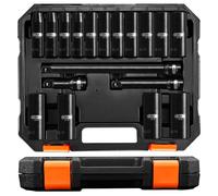 PGROUP Set Di Prese a Impatto Profondo Da 1/2", 18 Pezzi 6 Punti Misure Metrico(10mm-24mm), Include Barre Prolunga Da 3", 5", 10", CR-V