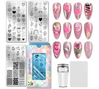PH PandaHall 3 modelli di stampaggio per unghie a forma di cuore e cuore, rosa, modelli per nail art, stencil per San Valentino, stencil con angelo, in acciaio inox, per donne, stampe, manicure