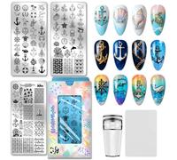 PH PandaHall 3 piastre per stamping unghie a forma di timone con ancora, modelli nautici per nail art, oceano, spiaggia, conchiglie, stella marina, in acciaio inox, stencil artistici con strumenti per