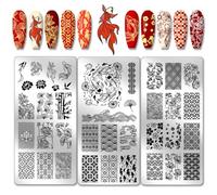 PH PandaHall 3 pz Piastre per Stampaggio Unghie Koi, East Lotus Nail Stamper Plum Bossom Stencil per Nail Art In Acciaio Inox Piastra per Immagine per Unghie per Nail Art Design Manicure Salon