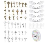 PH PandaHall 40 Set Ciondoli con Chiavi Volanti Chiavi Scheletro Vintage con 30m Cordino Elastico Ciondolo Chiave Biadesivo per Artigianato Creazione di Gioielli
