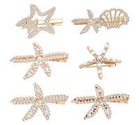 PH PandaHall 6 fermagli per capelli a forma di stella di mare, fermagli per capelli conchiglia, strass, perle, coccodrillo dorato, mare, spiaggia, sirena, accessori per costume da donna, sposa, festa