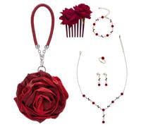 PH PandaHall 6 Pezzi Set Gioielli Rosa Rosso Accessori Costume Fiore | Collane Rose, Anelli Romantici, Borse Rose, Pettini Capelli, Bracciali Orecchini per Donne Matrimonio Natale