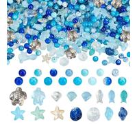 PH PandaHall 750 Perline di Vetro Blu 30 Stili Perline di Mare Oceano 8mm Perlina Rotonde Sciolte Perlina di Stelle Marine Tartaruga Perle Screpolate per Creazione di Gioielli Bracciale Collane Estivi
