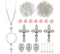 PH PandaHall Forniture per la creazione di rosari, 446 perline rosa rosa con ciondoli a forma di croce, per rosario, preghiera, set di collane pasquali per Natale, battesimo, Pasqua, Ramadan, collane