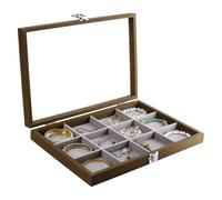 PH PandaHall Organizer per gioielli, 12 scomparti in legno per orecchini, anelli, organizer in velluto con coperchio trasparente per bracciali, orecchini, anelli, espositori, cassetti, marrone