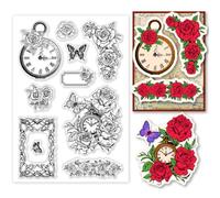 PH PandaHall Orologio con Timbro Rosa Trasparente, Timbro In Silicone con Farfalla Timbro In Gomma Trasparente con Cornice Floreale per Realizzare Cartoline, Album Fotografici, Navideñas