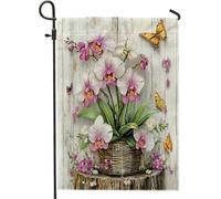 Phalaenopsis - Bandiere da giardino con orchidee 30,5 x 45,7 cm, double face, per esterni, cesto di fiori in legno, farfalle, piccole bandiere per casa, in tela, motivo floreale, per esterni