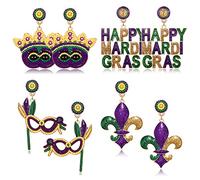 PHALIN 4 paia di orecchini Mardi Gras, con perline a forma di corona e maschera Fleur De Lis orecchini da donna a strati con nappa, accessorio per martedì grasso, orecchini di carnevale parate
