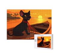 Phayah Puzzle in legno a forma di gatto con barca al tramonto, per adulti, 300 pezzi, decorazione per la casa, festa di compleanno, per uomini e donne, 40 x 28 cm