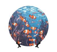 PHAYAH Shoal of Clownfish Pattern Bone China Piatto decorativo in ceramica Piatti piani Artigianato con supporto verticale per Home Office Decor 20,3 cm