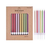 PHD CAKE Confezione da 24 candele di compleanno metalliche lunghe e sottili colorate, color oro, champagne, rosa, oro, verde, rosso e viola, per