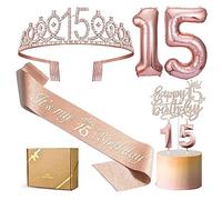 PHD CAKE Decorazioni per il 15° compleanno per ragazze, tra cui corona/diadema per 15° compleanno in oro rosa, fascia, topper per torte, candele, palloncini in lamina