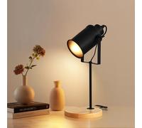 Pheashine Lampada da Tavolo Industriale con base in Legno, Lampada da Comodino Moderna Nero E27 con Paralume Orientabile, Lampadas da Scrivania per Soggiorno Camera da Letto, Senza Lampadina
