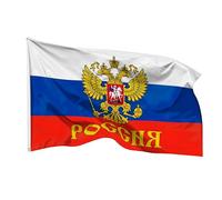 PHENO FLAGS Bandiera Russia 90x150cm - russa con stemma e scritte - resistente alle intemperie - con occhielli in ottone - 100% poliestere - cuciture doppie robuste e colori vivaci