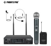 Phenyx Pro Sistema microfonico wireless a doppio canale con palmare/corpo/auricolare/lapolo, funzione di blocco scansione automatica 100M