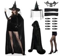 Phestival 17 IN 1 Costume Halloween Donna - Costume Halloween Donna Strega - Cappello da Strega, Mantello Nero da Strega, Calze a Rete, Costume da Strega per Adulti (Small-1.2m)