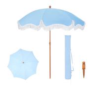 PHI VILLA Ombrellone parasole per balcone, 200 cm, pieghevole, rotondo, con frange, in stile boho, resistente al vento, ombrellone da balcone con picchetto per terrazza, UPF 50+, blu cielo