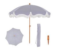 PHI VILLA Ombrellone parasole per balcone, 200 cm, pieghevole, rotondo, con frange, in stile boho, resistente al vento, ombrellone da balcone con picchetto per terrazza, UPF 50+, blu con strisce