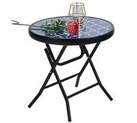 PHI VILLA - Tavolino rotondo pieghevole in vetro e metallo, tavolo da caffè, piccolo tavolino da balcone, resistente alle intemperie, facile da pulire, per balcone, giardino, terrazza, soggiorno