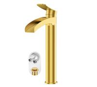 Phiestina, rubinetto miscelatore a cascata, per lavandino, vasca da bagno, in oro spazzolato, monocomando, 1 foro, con scarico pop-up e tubi dell'acqua, NS-SF01-BG-V