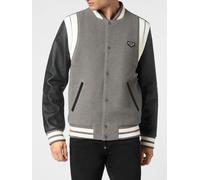 PHILIPP PLEIN Bomber in pelle di vitello e tessuto con profili a contrasto L Grigio
