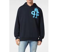 PHILIPP PLEIN Felpa con cappuccio in cotone con tasca a marsupio e logo a contrasto S Blue