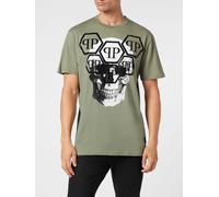 PHILIPP PLEIN T-shirt in cotone con stampa Skull e logo Hexagon in strass L Verde
