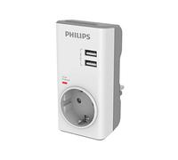 Philips Adattatore CHP4010W/10 - Adattatore di spina, caricatore USB integrato, 2 porte USB 2.4 A max, 1 presa di corrente, indicatore LED di alimentazione, protezione da sovratensione, colore bianco