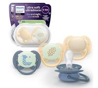 Philips Avent Ciucci Ultra Soft Day & Night - Design ortodontico, da 6 a 18 mesi, si illuminano al buio, tettarella in silicone, no BPA, custodie per sterilizzazione, pack da 4 pezzi, SCF094/10