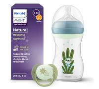 Philips Avent Set Nighttime a Risposta Naturale - Biberon da 260 ml con tettarella a flusso medio (Flusso 3), con anello fosforescente, ciuccio Ultra Soft Nighttime, design “Sleepy Sloth”, SCD838/17