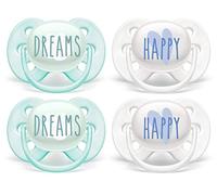 Philips AVENT Ultra Soft Pacifier 0-6 Months, Dreams and Happy Designs, 4 Pack, White/Green, SCF222/43