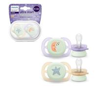 Philips Avent Ultra Start Nighttime, chupetes para recién nacidos de 0 a 2 meses, brillan en la oscuridad, tetina de silicona, sin BPA, con funda de transporte/esterilización, paquete de 2, SCF075/07