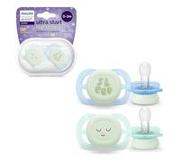 Philips Avent Ultra Start Nighttime Soothers, ciucci ortodontici per neonati di età compresa tra 0 e 2 mesi, fluorescenti, senza BPA, custodia per sterilizzazione/trasporto, confezione da 2, SCF075/08