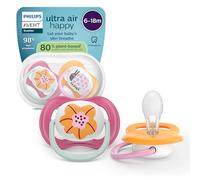 Philips Avent Ultra Start Pacifiers - Design ortodontico, per neonati 6-18 mesi, tettarella simmetrica in morbido silicone, senza BPA, con custodia per la sterilizzazione, confezione da 2, SCF080/27