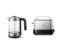 PHILIPS Bollitore Elettrico Hd9339/80 In Vetro Trasparente, Con Spia Luminosa Led Blu, Capacità 1,7 L & Hd2637/00 - Tostapane Con Fessura Ampia, 950 W Métal/Noir