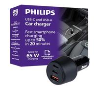 Philips Caricabatteria da auto per iPhone a ricarica rapida, caricatore USB C da 65 W, caricatore USB a 3 porte con USB A e USB C, caricabatterie da auto veloce per iPhone 17, 16, iPad Pro, nero