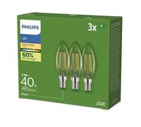 Philips Classic ultra-efficient LED bulb with energy efficiency class A, E14 base, replaces 40W, clear, warm white light, candle shape, pack of 3