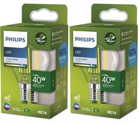 Philips Classic ultra-efficient LED bulb with energy efficiency class A, E14 base, replaces 40W, clear, warm white light, drop shape (Confezione da 2)