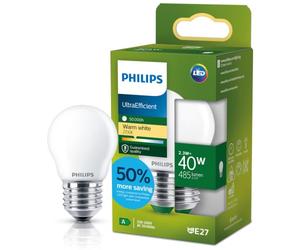PHILIPS Classic ultra-efficient LED bulb with energy efficiency class A, E27 base, replaces 40W, frosted, warm white light, teardrop shape