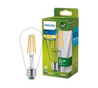 Philips Classic ultra-efficient LED bulb with energy efficiency class A, E27 base, replaces 60W, clear, warm white light, edison shape