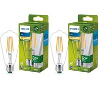 Philips Classic ultra-efficient LED bulb with energy efficiency class A, E27 base, replaces 60W, clear, warm white light, edison shape (Confezione da 2)