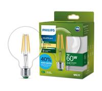 PHILIPS Classic ultra-efficient LED bulb with energy efficiency class A, E27 base, replaces 60W, clear, warm white light, globe shape