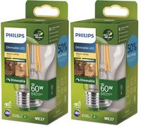 Philips Classic ultra-efficient LED bulb with energy efficiency class A, replaces 60W, E27 base, clear, warm white light, dimmable (Confezione da 2)