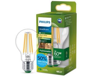 Philips Classic ultra-efficient LED bulb with energy efficiency class A, replaces 60W, E27 base, clear, warm white light, dimmable