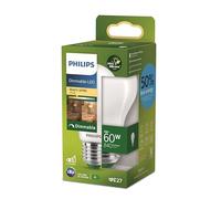 Philips Classic ultra-efficient LED bulb with energy efficiency class A, replaces 60W, E27 base, frosted, warm white light, dimmable